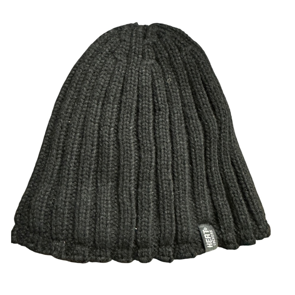Heat Lockers Black Ribbed Winter Beanie Hat Fleece Lined Warm